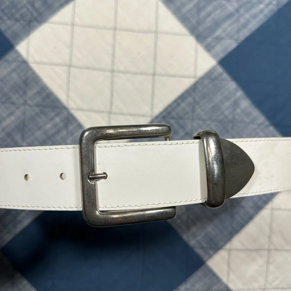 Vintage White Western Leather Belt Silver Concho Steer Skull Lizard Bird Studded